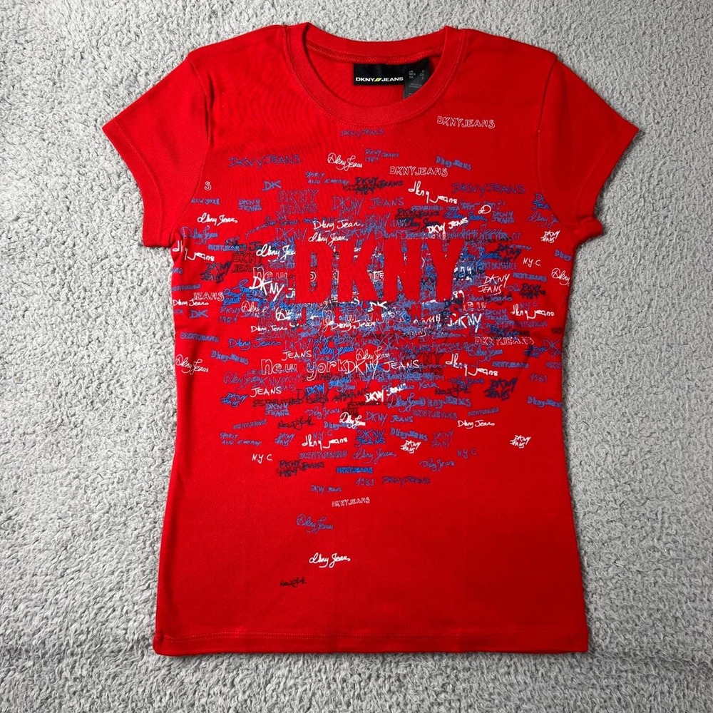 DKNY Jeans Graphic T-Shirt Women's Small Red Logo Print Crew Neck VTG NWT